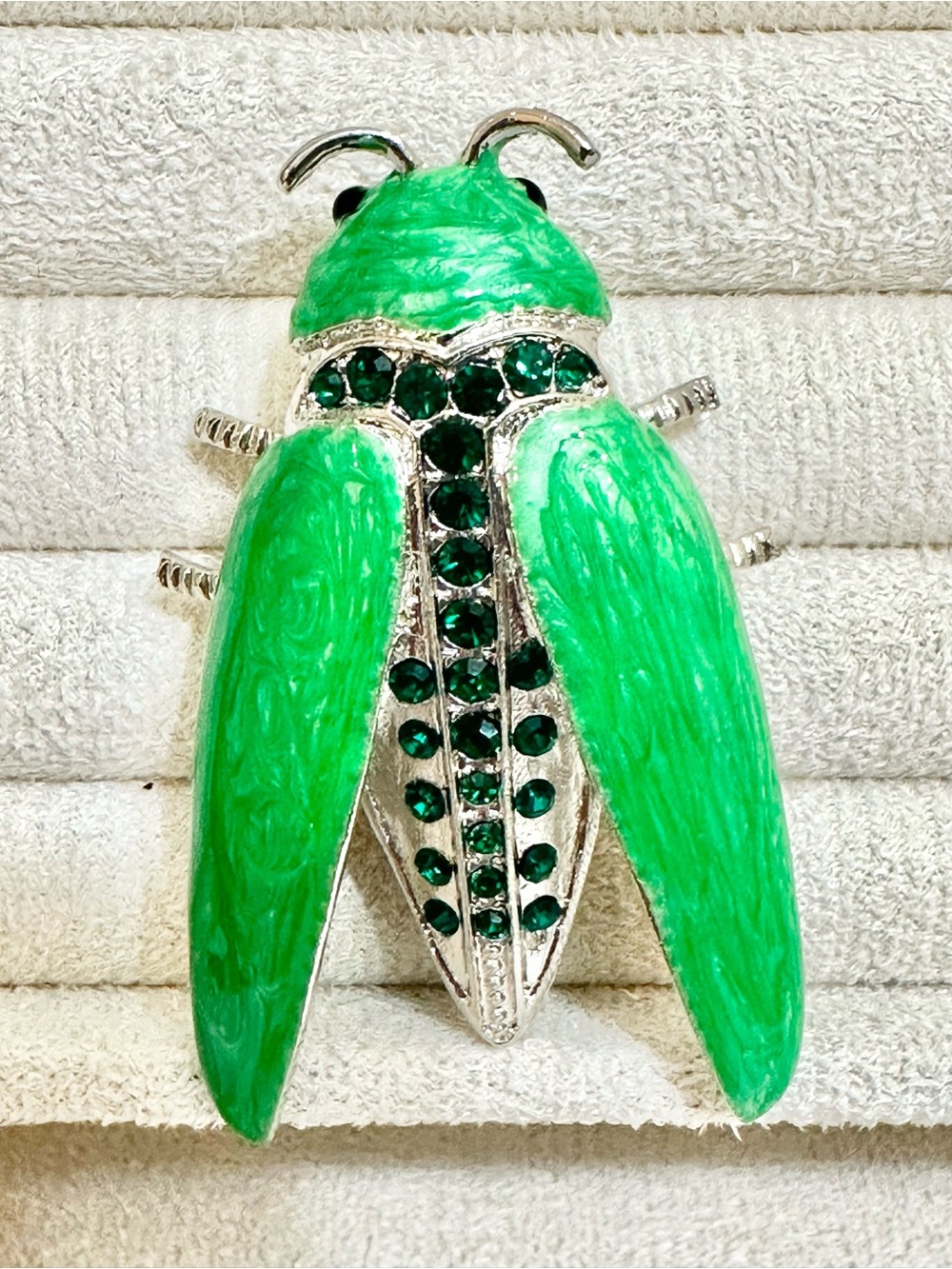Vintage Green Cicada Insect Brooch with Emerald Accents - Moderately Heavy